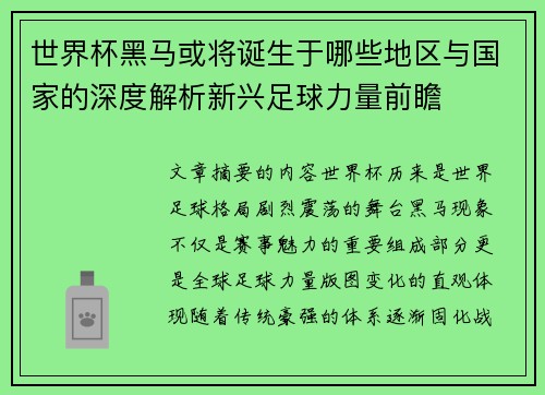 世界杯黑马或将诞生于哪些地区与国家的深度解析新兴足球力量前瞻